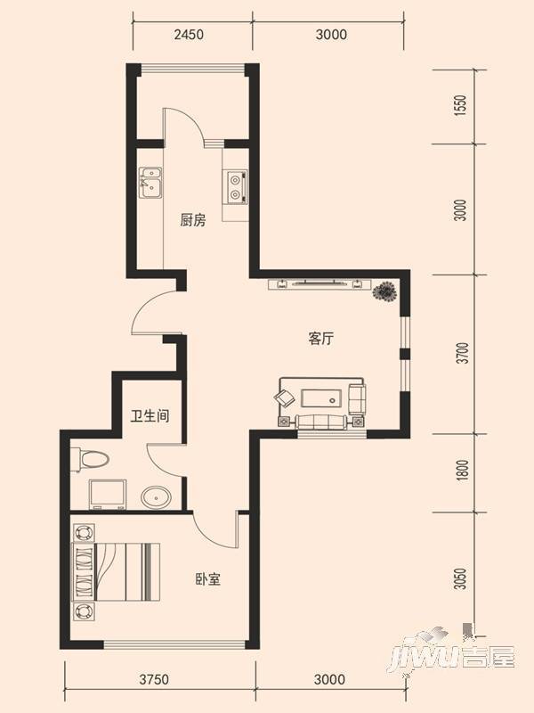 鑫泉金岗湾1室1厅1卫58.4㎡户型图