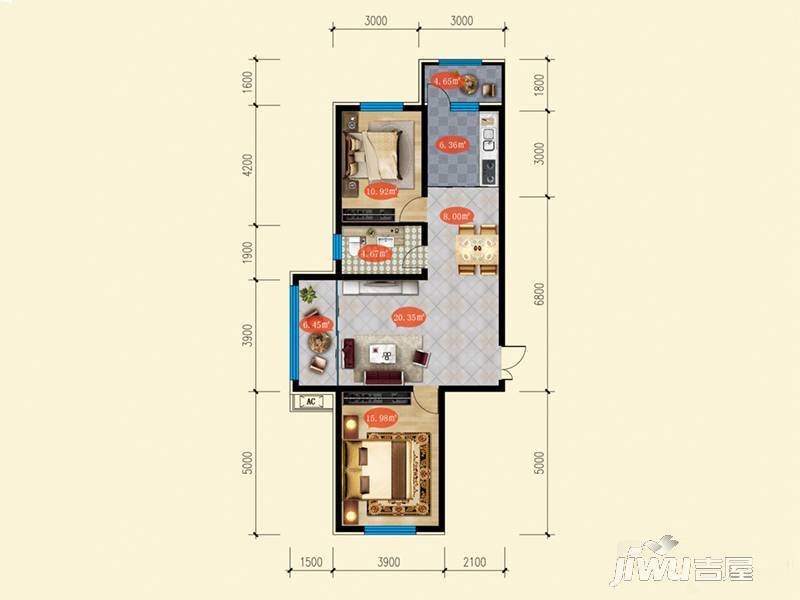 安泰北欧小镇2室2厅1卫66.3㎡户型图