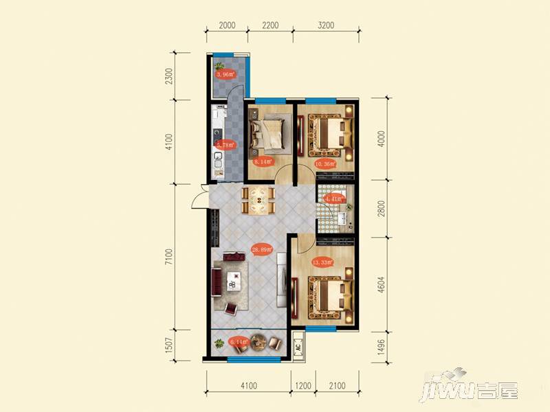 安泰北欧小镇3室2厅1卫70.9㎡户型图