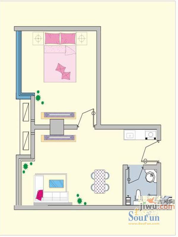 珍岗西堤湾1室2厅1卫70㎡户型图