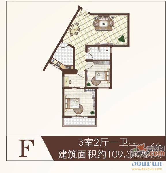 珠江荣景3室2厅1卫115.1㎡户型图