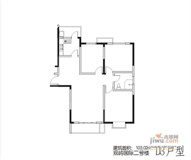 观屿国际3室2厅1卫103.2㎡户型图