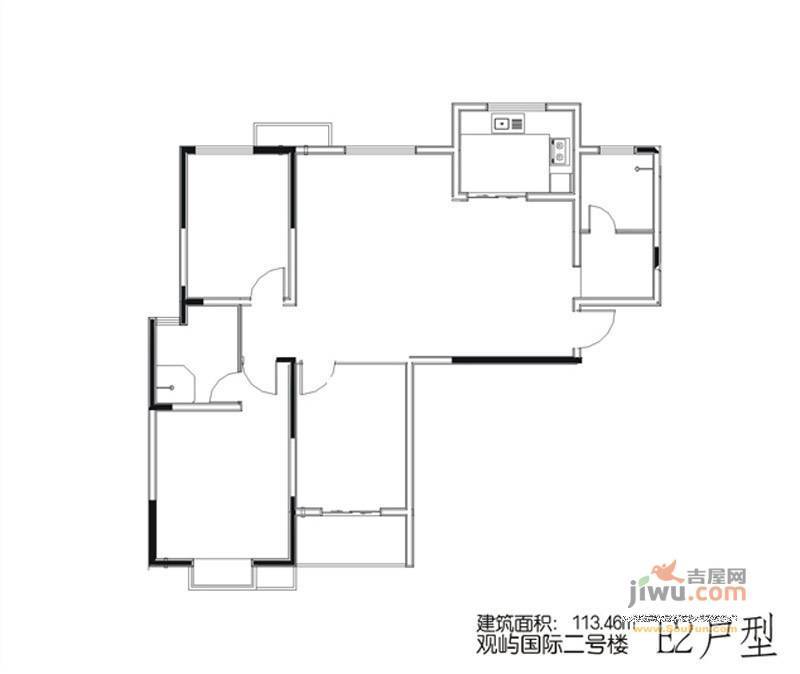 观屿国际2室2厅1卫113.5㎡户型图