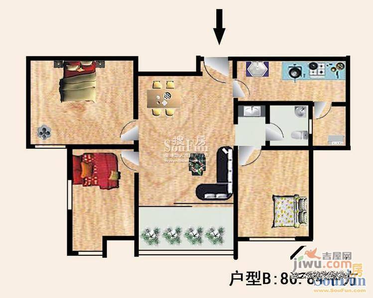 建业枫林上院2室2厅1卫76.7㎡户型图