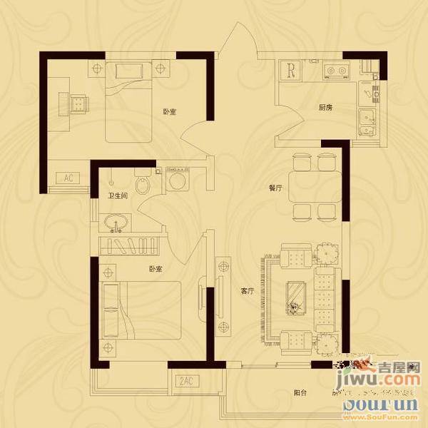 康桥上城品2室2厅1卫63.2㎡户型图