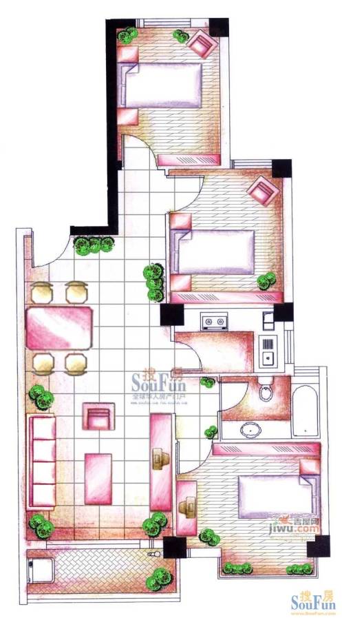 花半里2室2厅1卫114㎡户型图