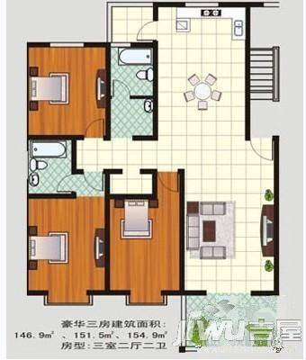 玫瑰花园3室2厅2卫170㎡户型图