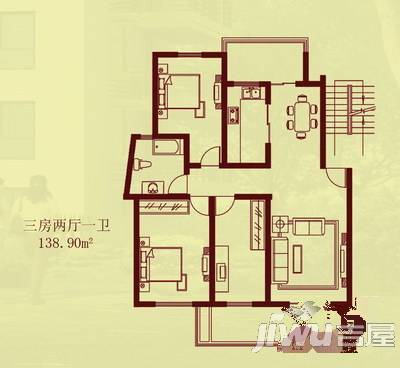 开元银田3室2厅1卫135㎡户型图