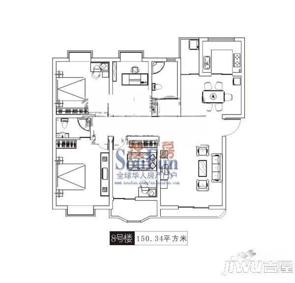 秦岭蓝天佳园3室2厅1卫150.3㎡户型图