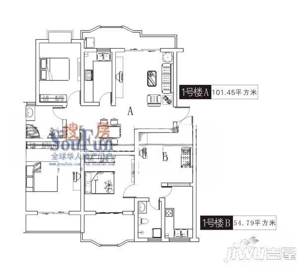 秦岭蓝天佳园2室2厅1卫101.5㎡户型图