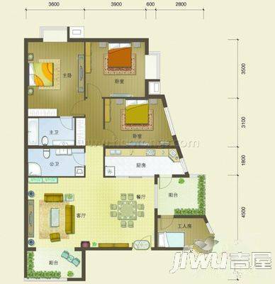 正功花园2室2厅1卫89㎡户型图