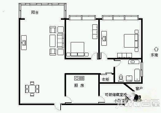 克拉城2室1厅1卫87㎡户型图