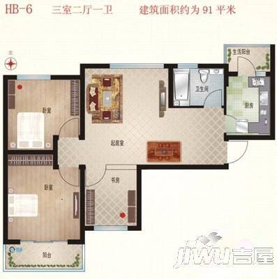 龙源新城3室2厅1卫136㎡户型图