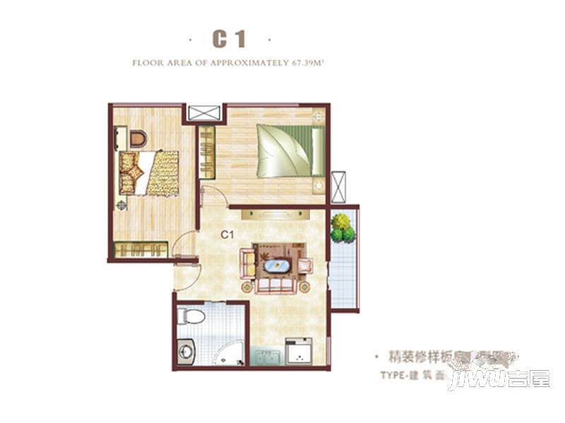 瑞士酒店公寓2室1厅1卫67.4㎡户型图