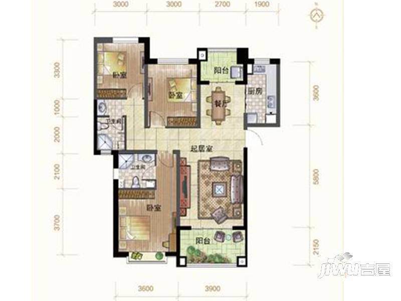 国瑞城爵仕苑3室2厅2卫127.8㎡户型图