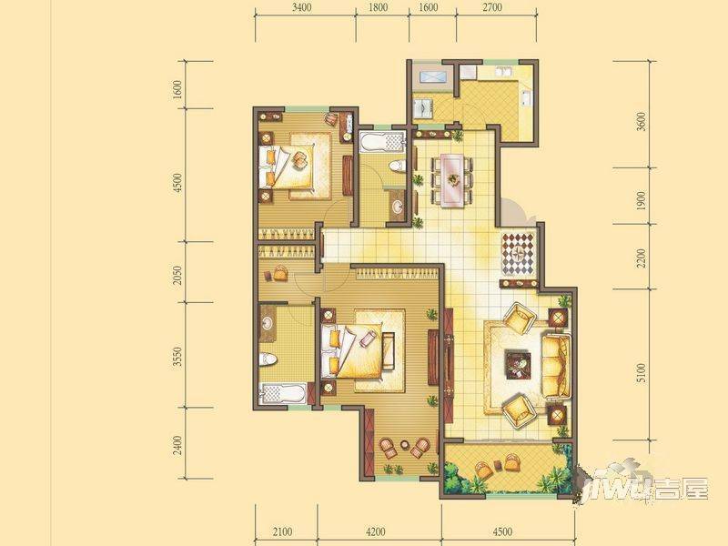 法兰原著2室2厅2卫141.2㎡户型图