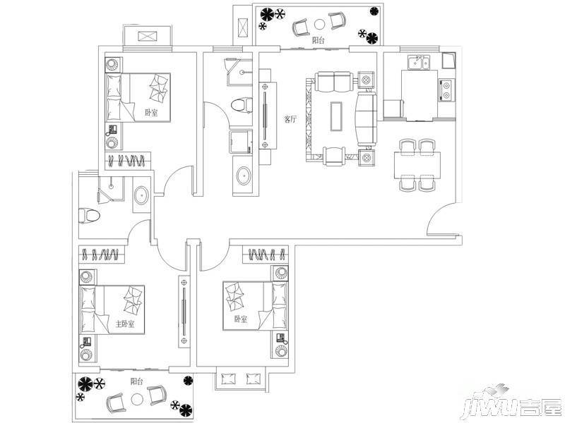 龙湖润泽花园3室2厅2卫123.3㎡户型图