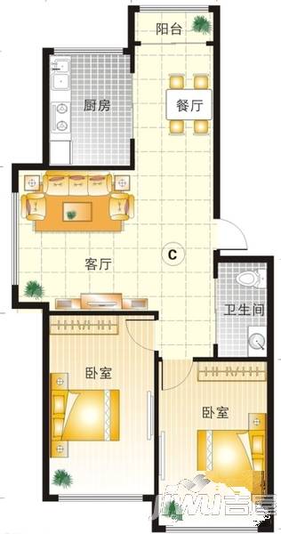 一米阳光2室1厅1卫75㎡户型图