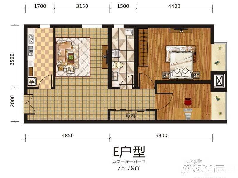 东方骏景2室1厅1卫75.8㎡户型图