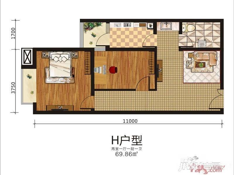 东方骏景2室1厅1卫69.9㎡户型图