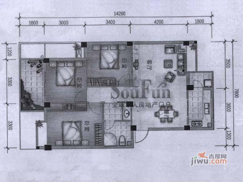 鼓楼庭院3室2厅2卫121.3㎡户型图