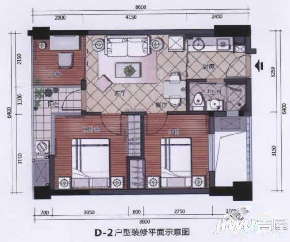 江南水都心锐2室2厅1卫55㎡户型图