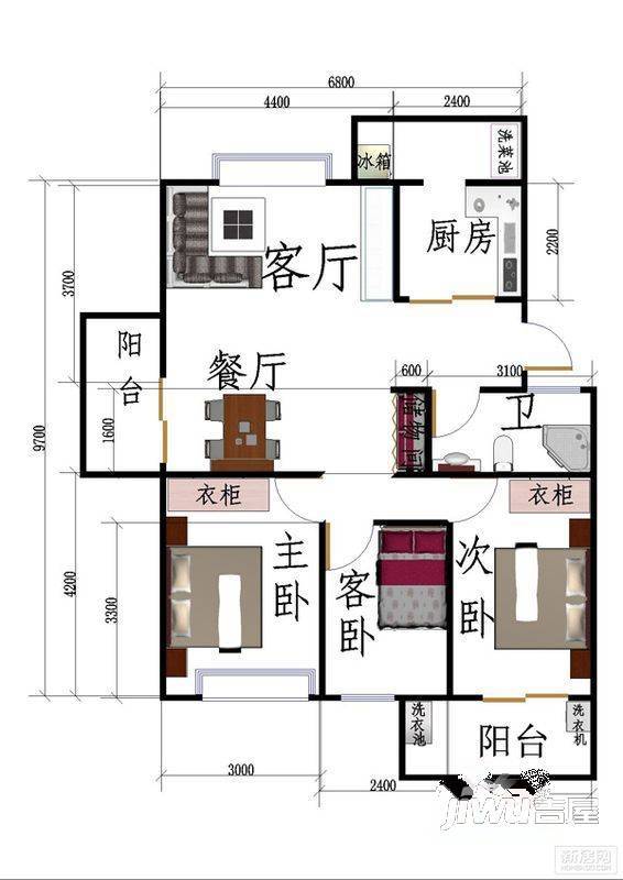 东盛花园3室2厅1卫户型图