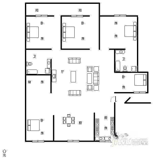 新都会花园广场5室1厅1卫186㎡户型图