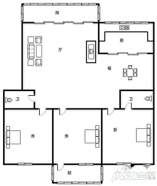 蓝山四季3室2厅2卫125㎡户型图