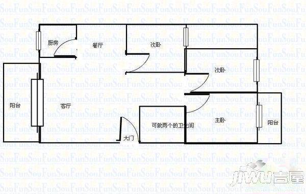 光明世家3室2厅2卫95㎡户型图