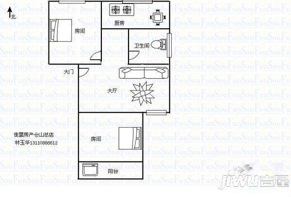 临江新天地玉岛苑2室1厅1卫65㎡户型图