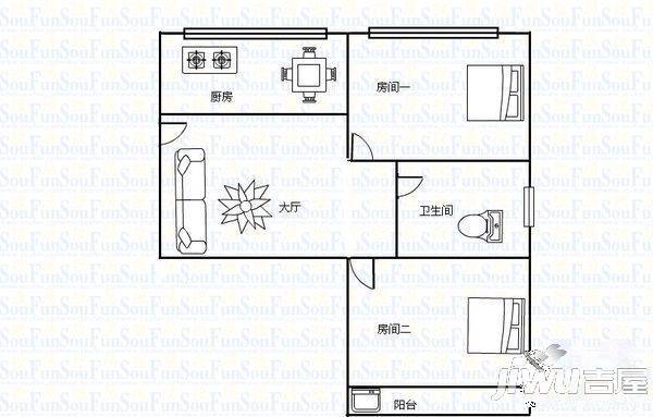 临江新天地玉岛苑2室1厅1卫65㎡户型图