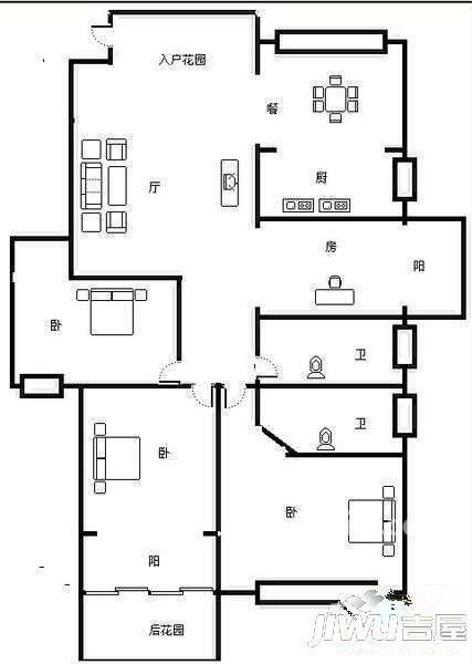 建华小区2室2厅1卫65㎡户型图