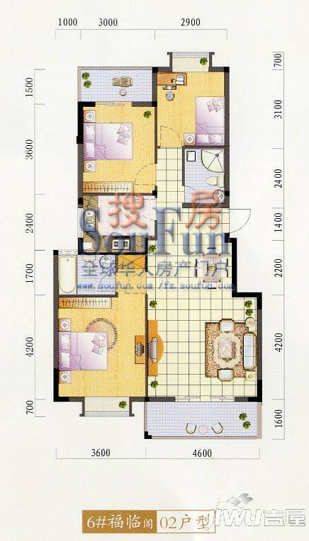 福和御园3室2厅2卫108㎡户型图