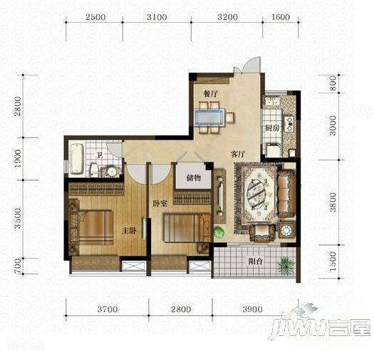 仁文大儒世家藏珑2室2厅1卫84㎡户型图