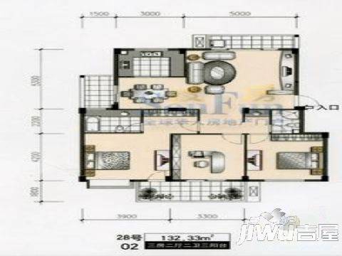 居住主题丹枫白鹭3室2厅2卫123㎡户型图