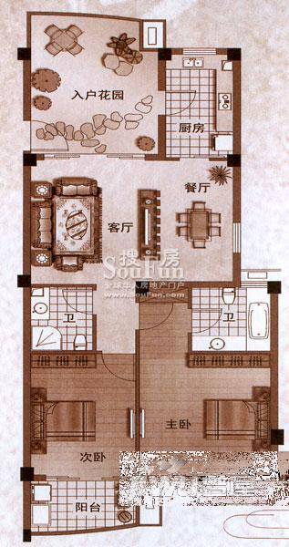 香樟林城市花园II期2室2厅2卫98㎡户型图