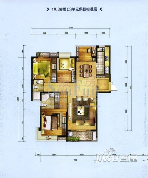 江南水都悦湖3室2厅2卫132㎡户型图