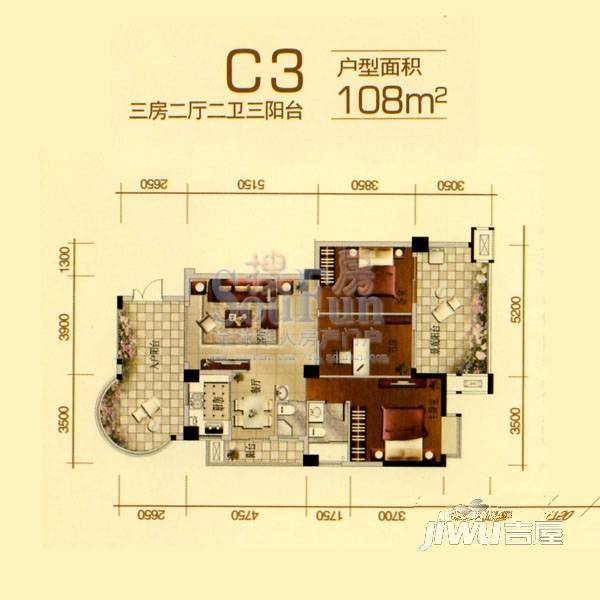 一号公馆3室2厅2卫108㎡户型图