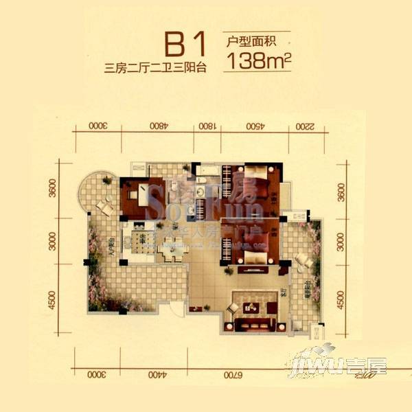 一号公馆3室2厅2卫138㎡户型图