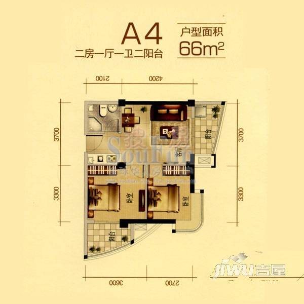 一号公馆1室2厅1卫66㎡户型图