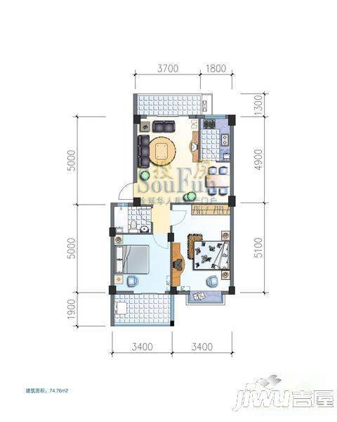 汇诚东方水都3室2厅1卫86.2㎡户型图