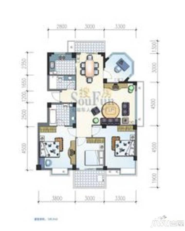 汇诚东方水都3室2厅1卫86.2㎡户型图