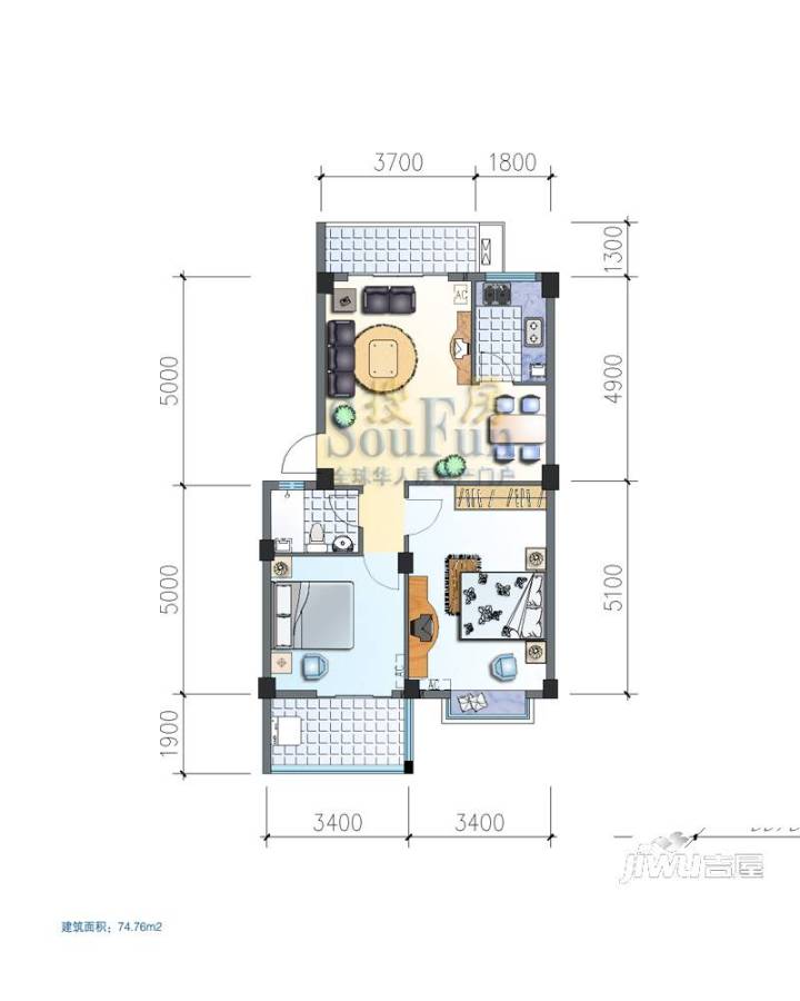 汇诚东方水都3室2厅1卫86.2㎡户型图