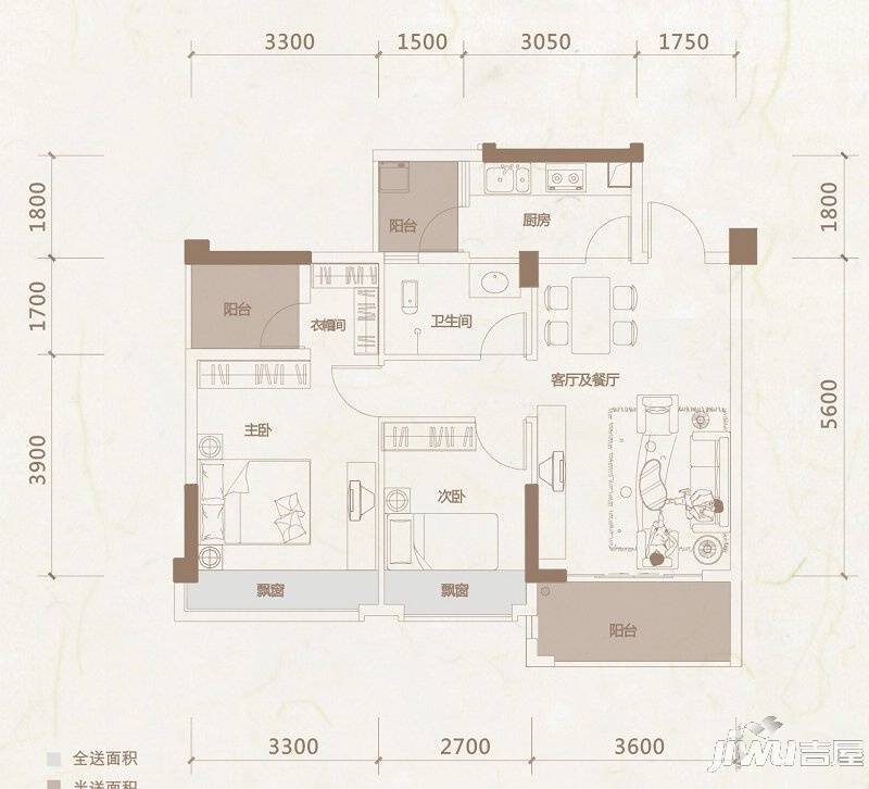 红日江景2室2厅1卫90㎡户型图