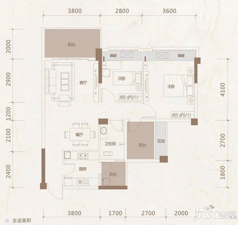 红日江景2室2厅1卫90㎡户型图