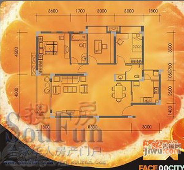 橘子郡2室2厅1卫118.8㎡户型图