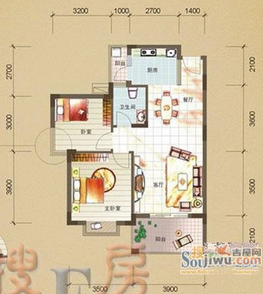 龙胤凤凰城2室2厅1卫80㎡户型图