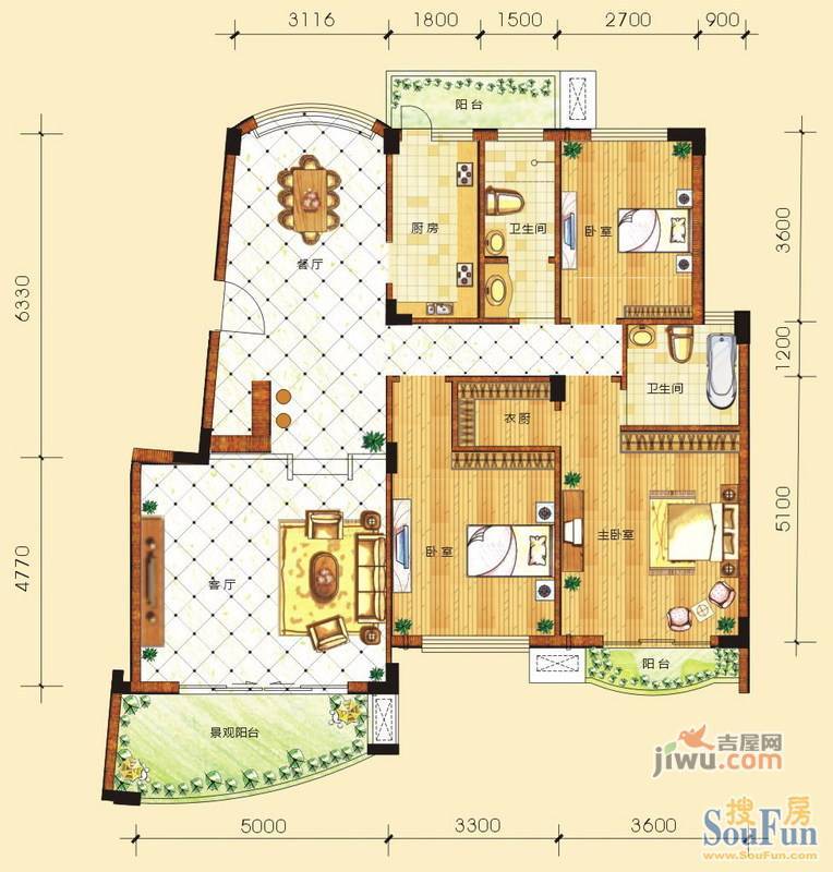 塞纳维拉花园3室2厅2卫137.5㎡户型图