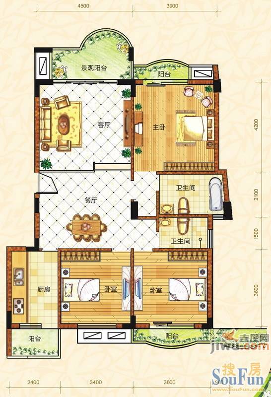 塞纳维拉花园3室2厅2卫122.5㎡户型图